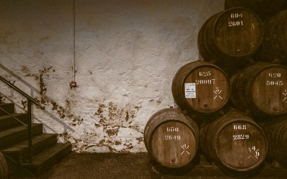 Wine barrels lining the Barrel Room
